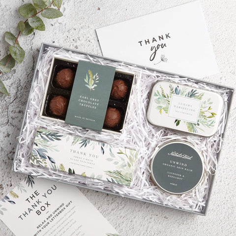 Letterbox 'Thank You' Gift. Includes: Tealight candles, body balm, chocolate truffles and tea