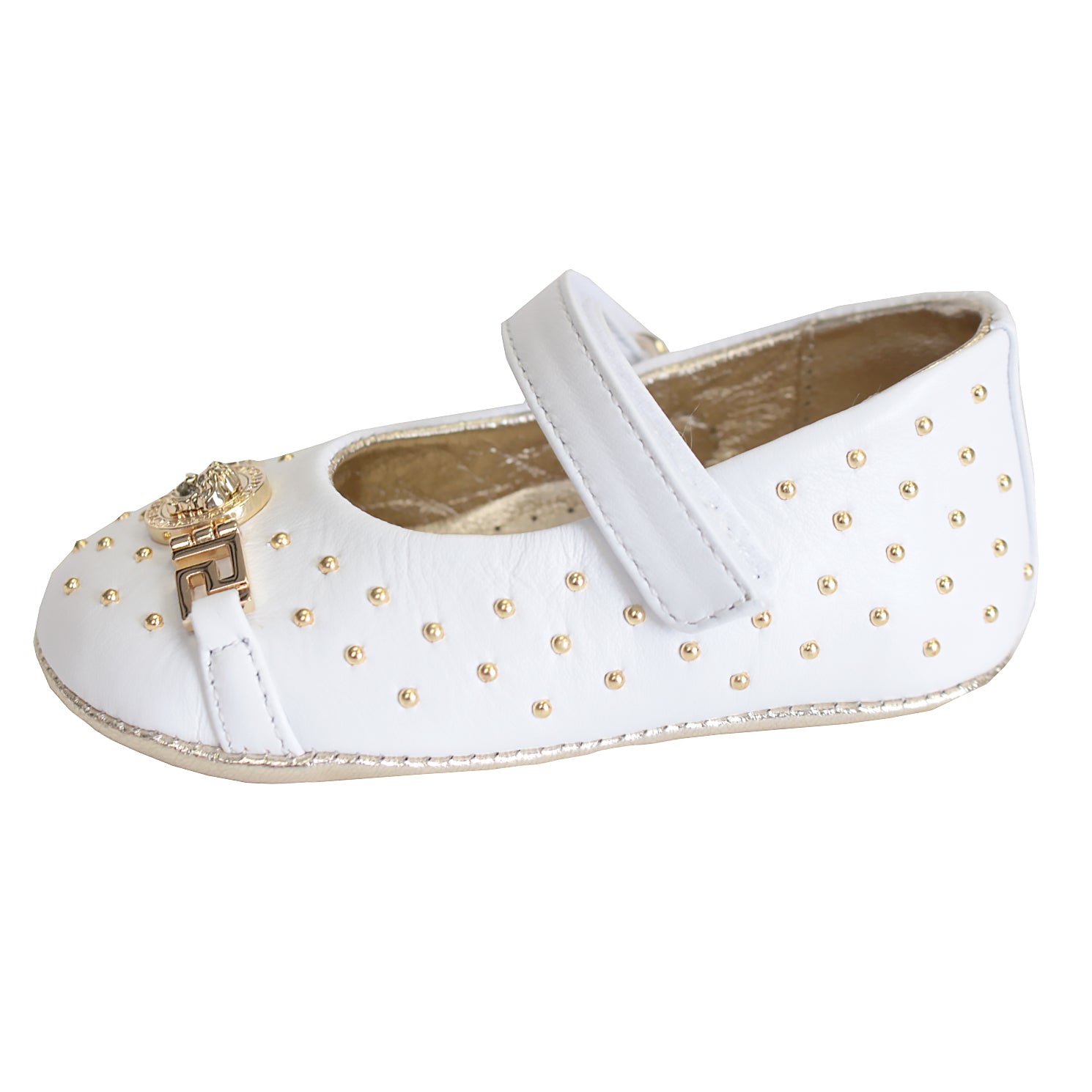 Young Versace Baby Girl Embellished Medusa Crib Shoes White