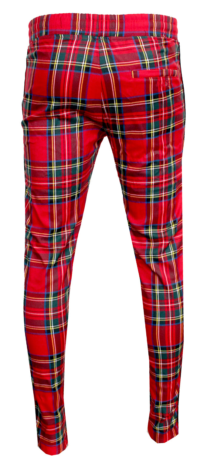 red pants with checkered stripe