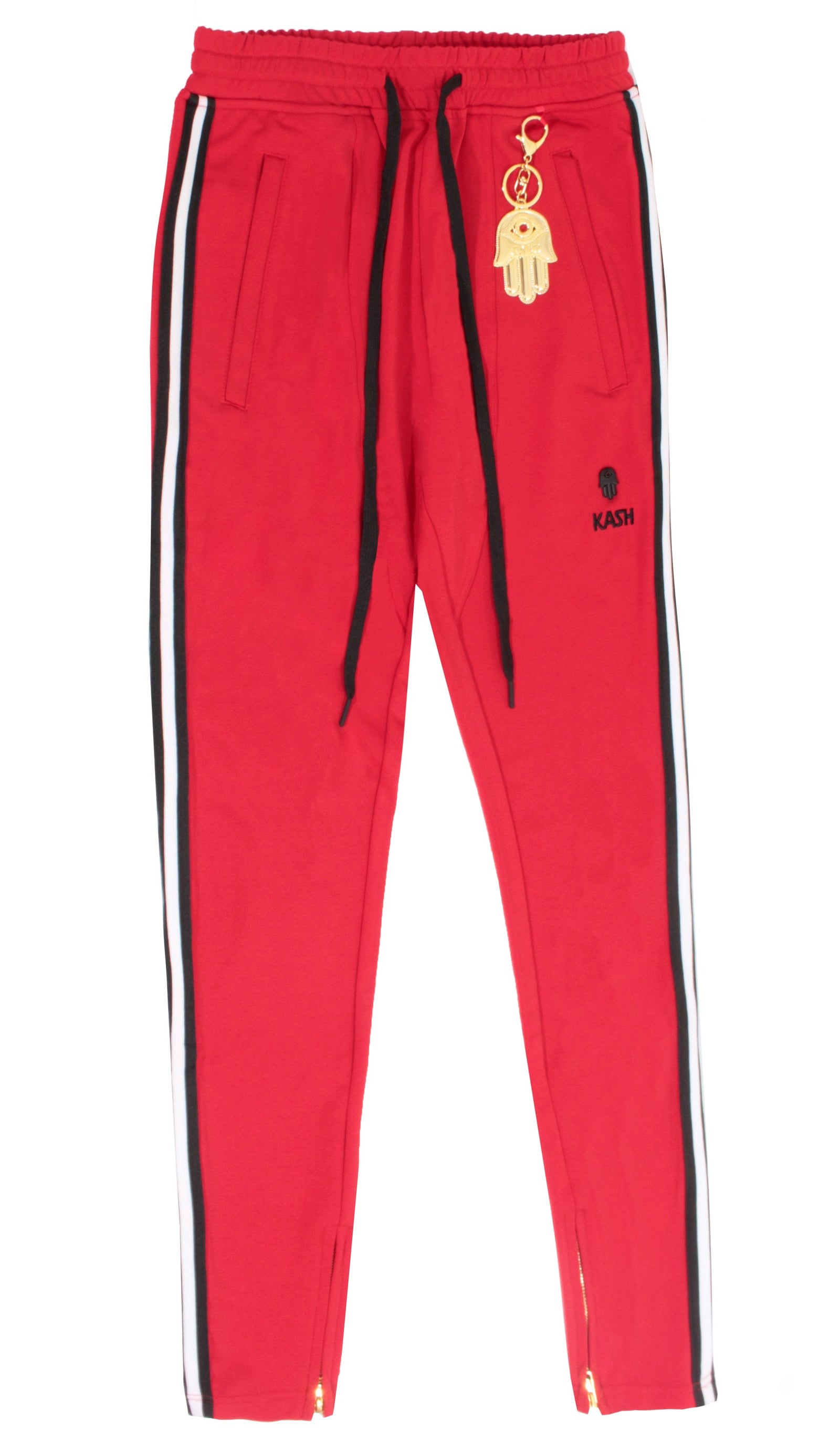 Red Plaid Track Pants with No Stripes & Embroidered 'KASH' on Thigh 