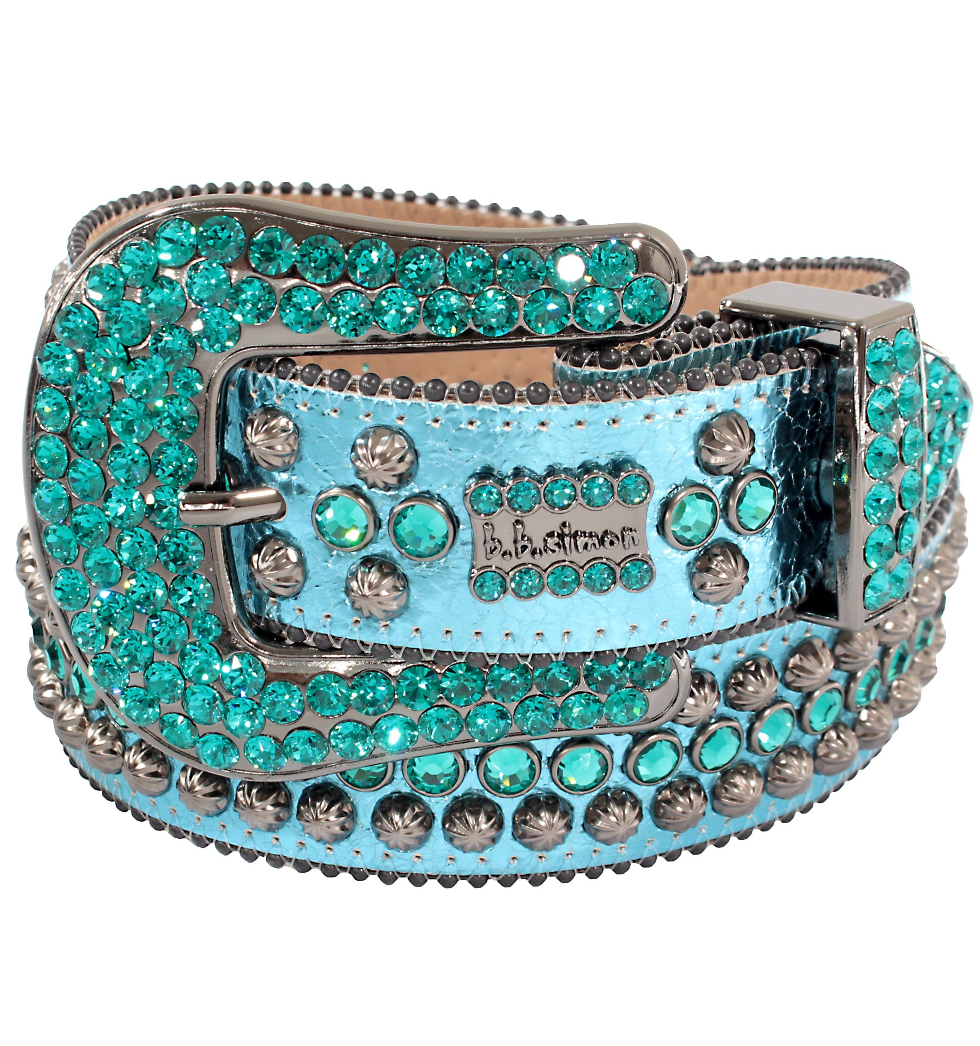 B.B. Simon Aqua Blue Skull Double Row Crystal Belt 34