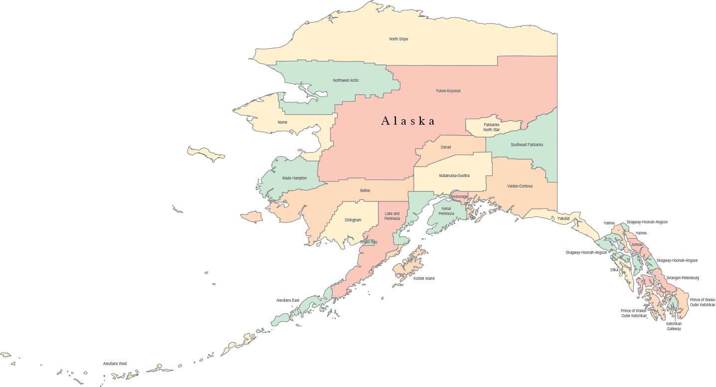 Multi Color Alaska Map With Counties And County Names 3524