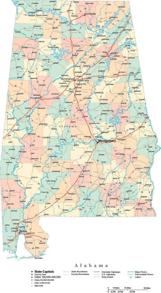 Alabama Digital Vector Map with Counties, Major Cities, Roads, Rivers ...