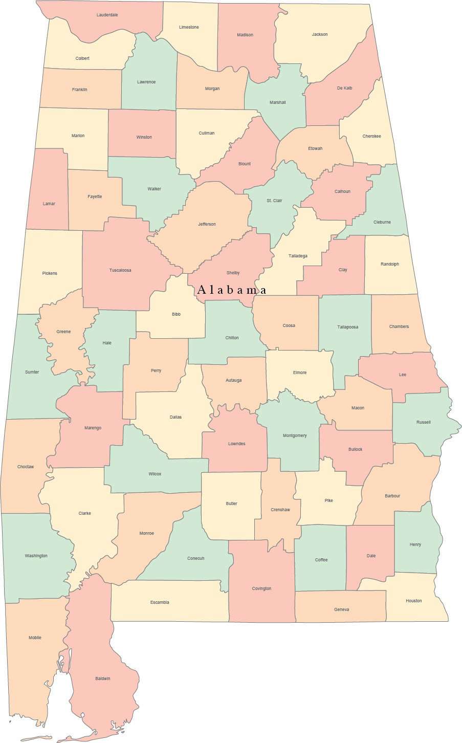 Alabama County Map Counties 2095
