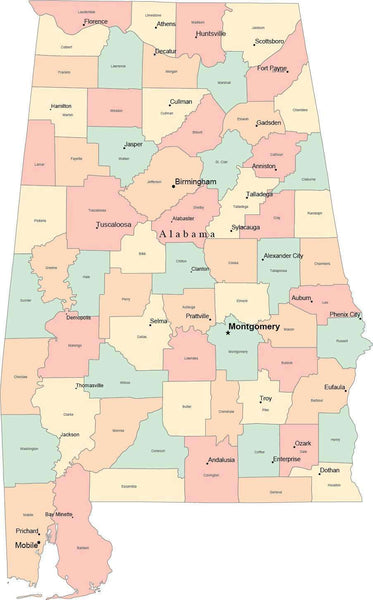 Multi Color Alabama Map with Counties, Capitals, and Major Cities - Map ...