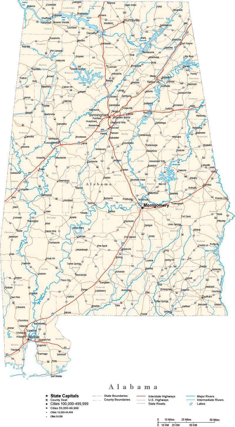 Alabama with Capital, Counties, Cities, Roads, Rivers & Lakes