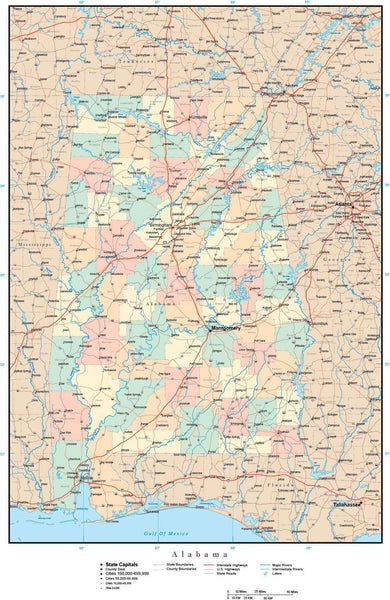 Alabama State Adobe Illustrator Map With Counties Cities County Seats