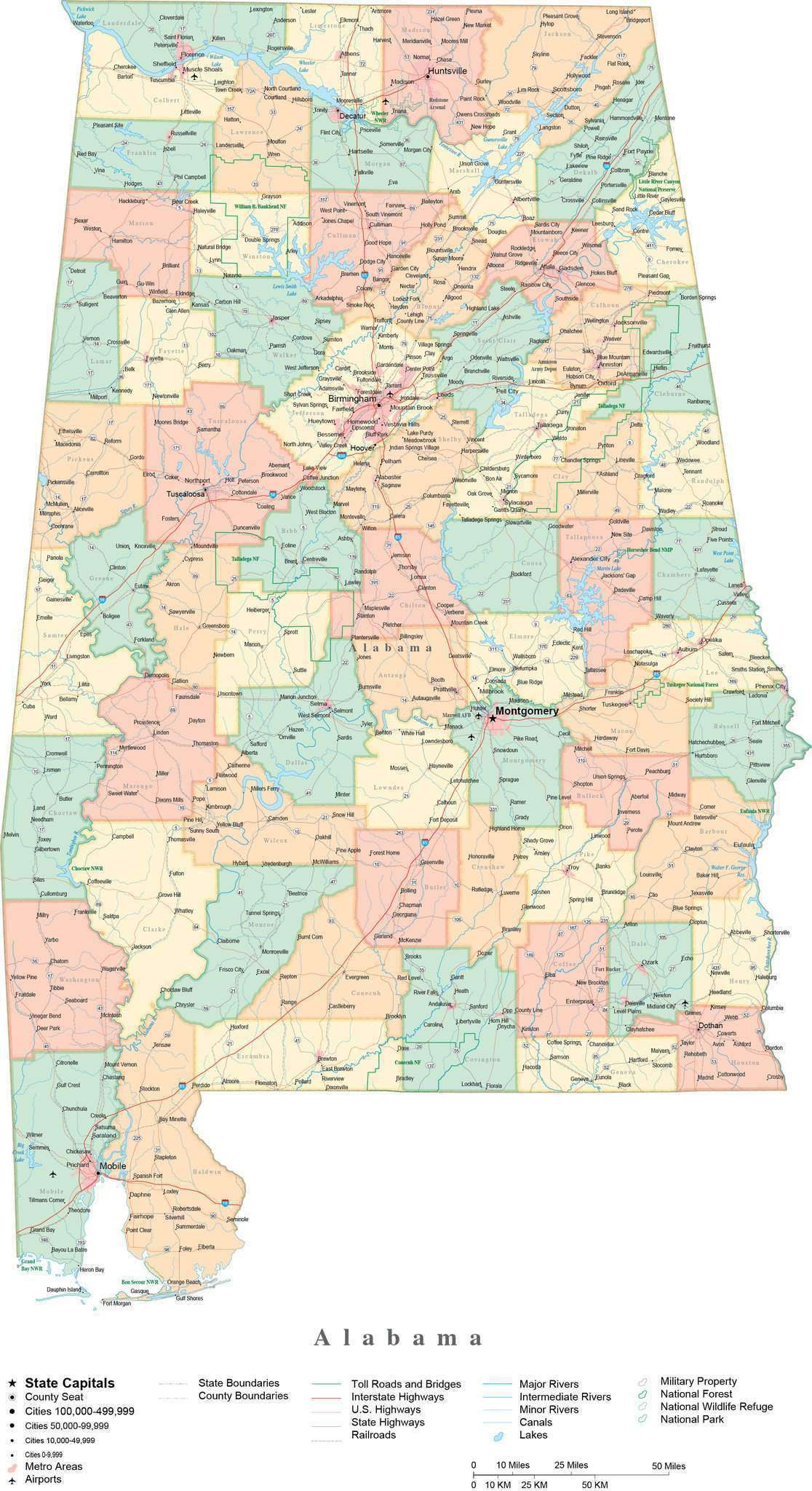 State Map of Alabama in Adobe Illustrator vector format. Detailed