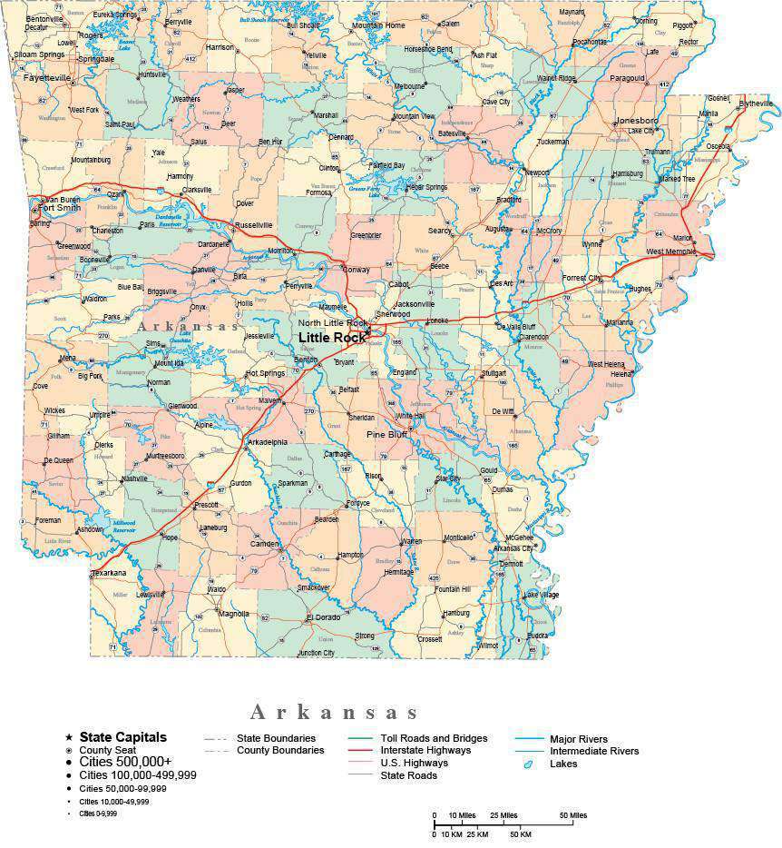 Arkansas Digital Vector Map With Counties Major Cities Roads Rivers