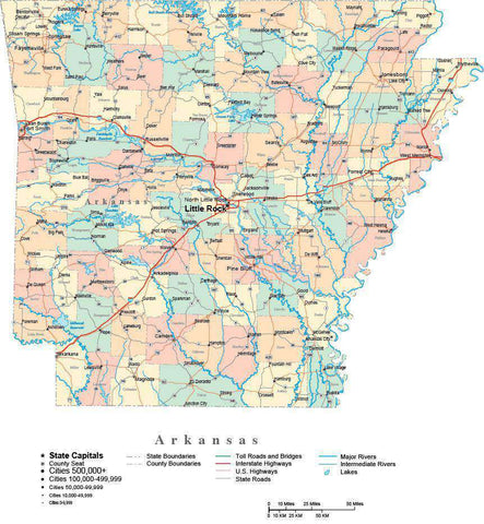 Arkansas Digital Vector Map with Counties, Major Cities, Roads, Rivers