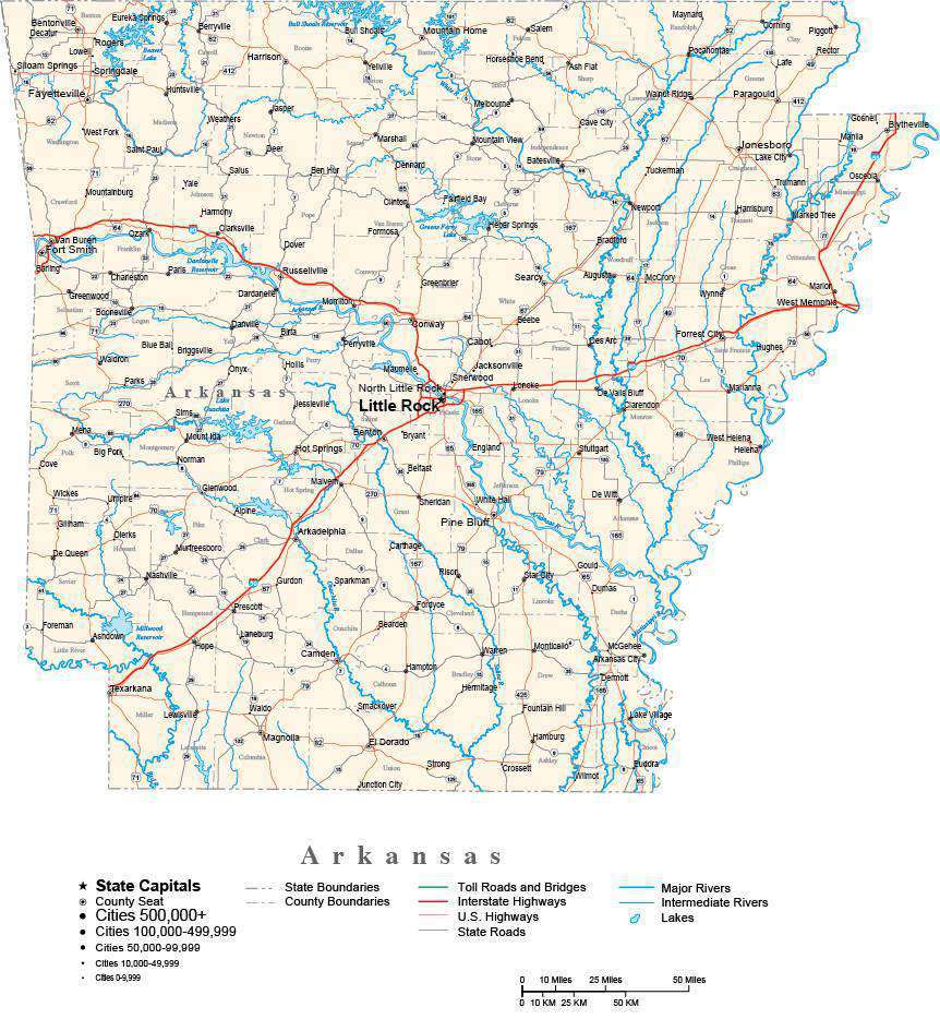 Arkansas with Capital, Counties, Cities, Roads, Rivers & Lakes