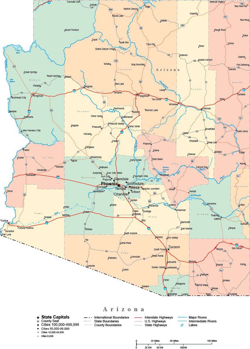 Arizona Digital Vector Map With Counties Major Cities Roads Rivers