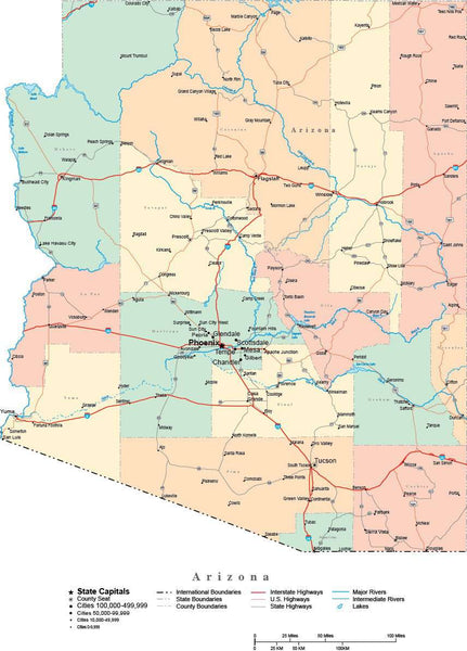 Arizona Digital Vector Map with Counties, Major Cities, Roads, Rivers ...