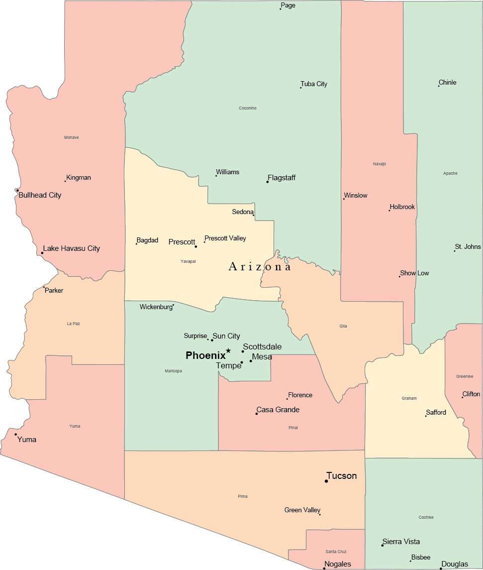 arizona map with counties and cities Multi Color Arizona Map With Counties Capitals And Major Cities arizona map with counties and cities