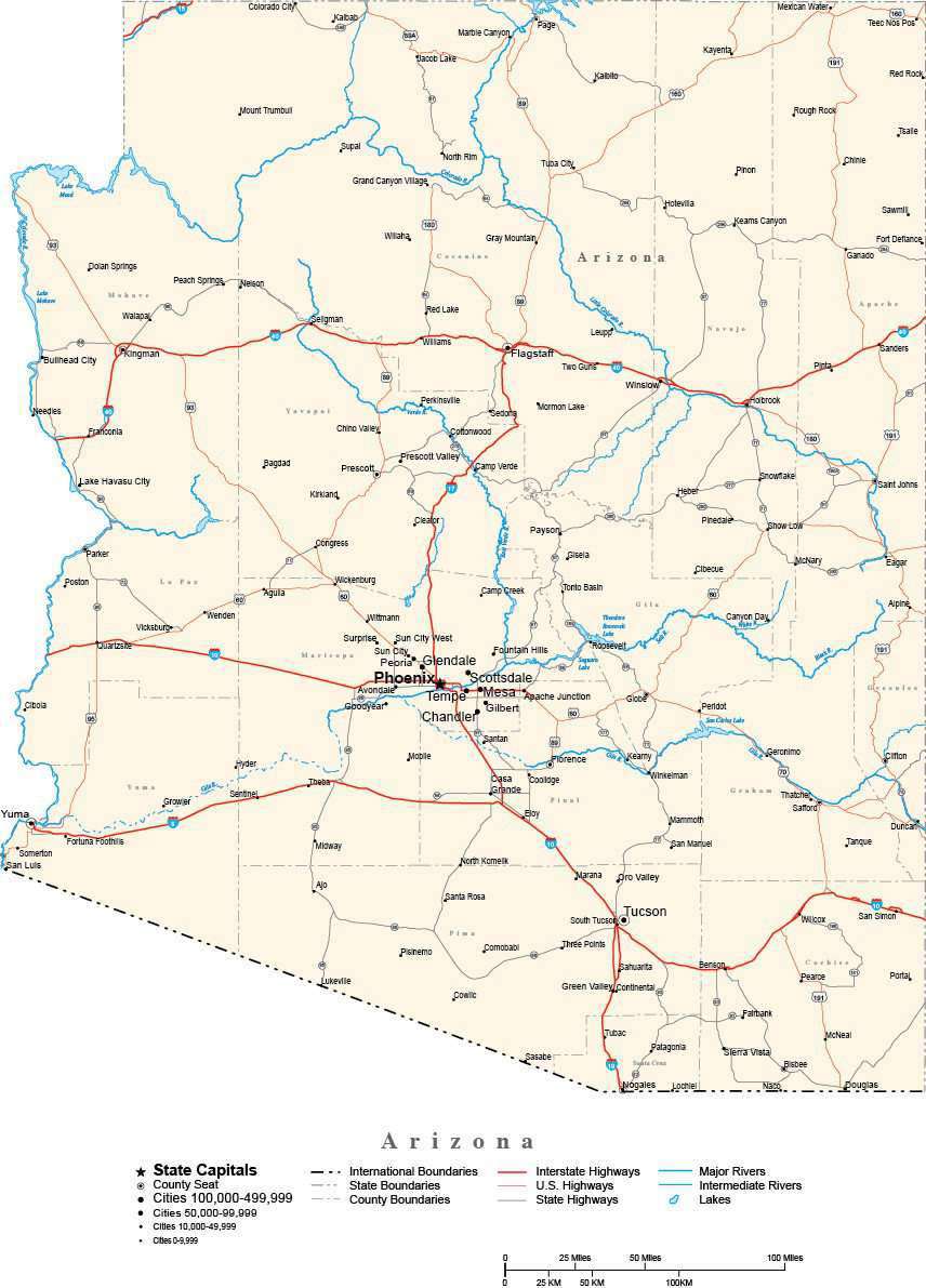 Arizona with Capital, Counties, Cities, Roads, Rivers & Lakes