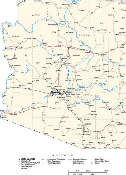 Arizona With Capital Counties Cities Roads Rivers And Lakes