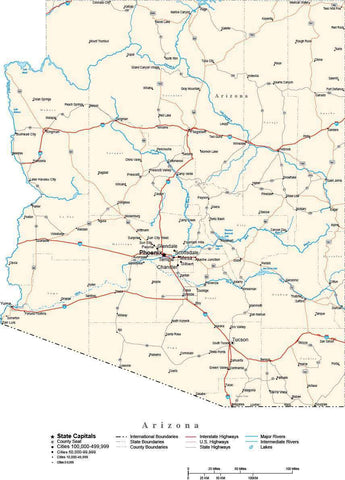 Arizona with Capital, Counties, Cities, Roads, Rivers & Lakes