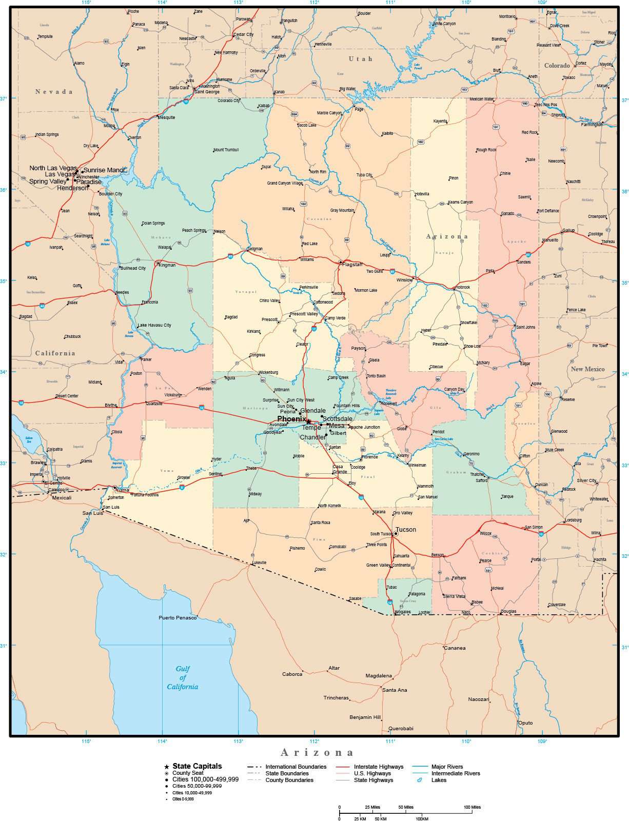Arizona Adobe Illustrator Map With Counties Cities County Seats Major Roads 3733