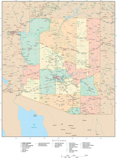 Arizona State Map in Adobe Illustrator Vector Format Detailed, editable ...