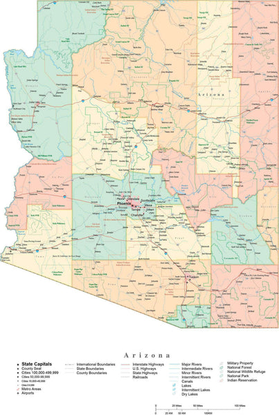 State Map of Arizona in Adobe Illustrator Vector format. Detailed ...