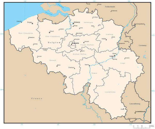 Belgium Map with Administrative Areas and Capitals in Adobe Illustrator ...