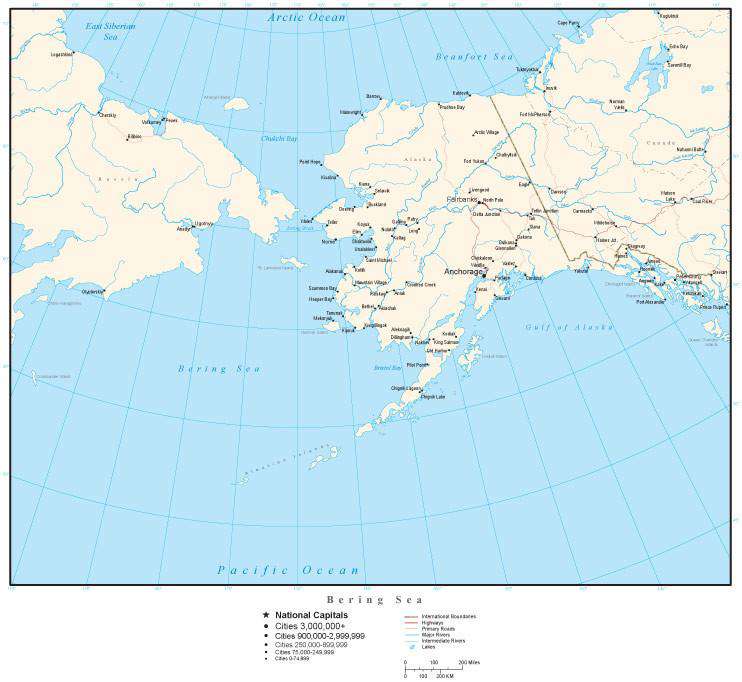 Bering Sea Map with Countries, Cities, Roads and Water Features