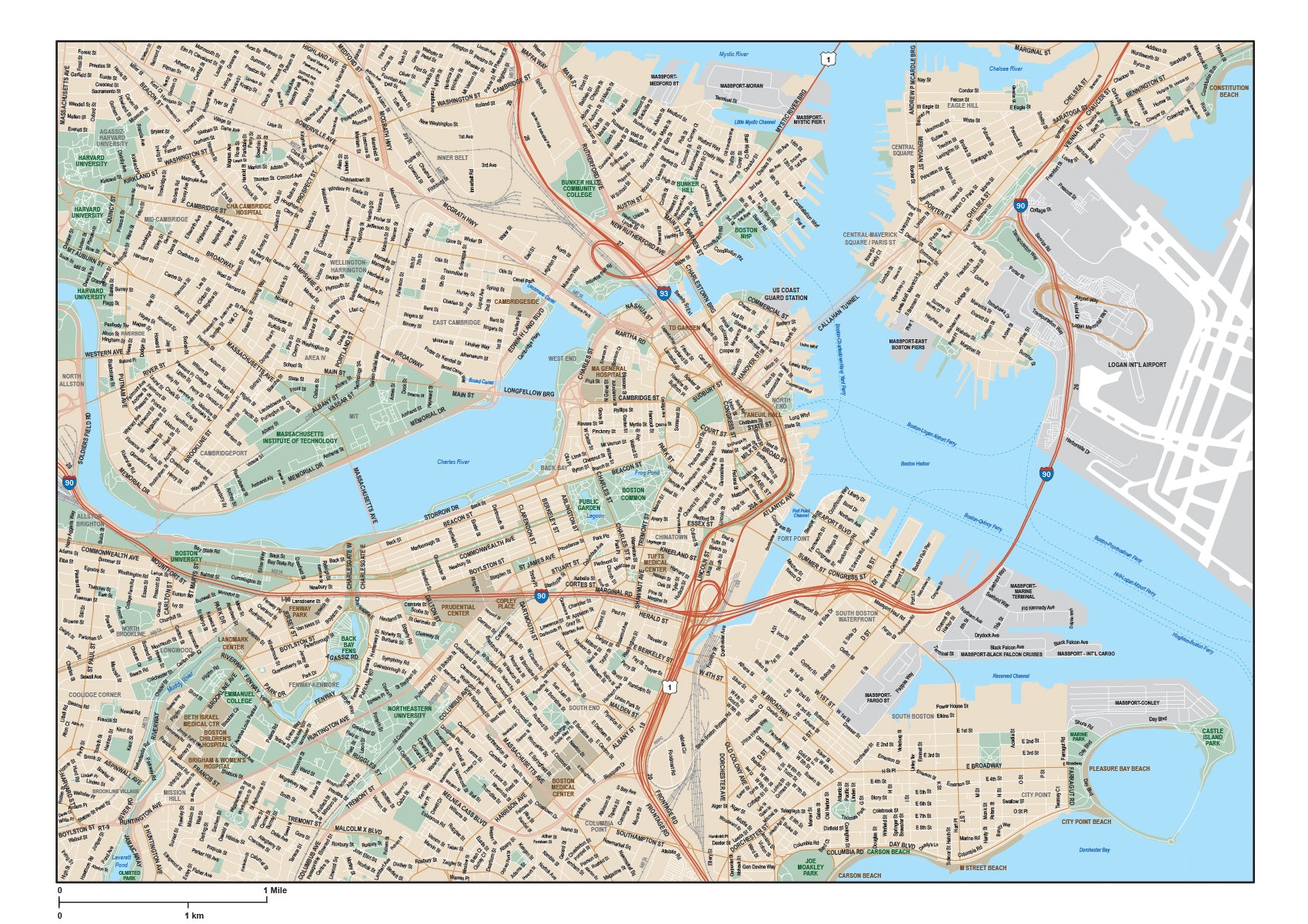 Boston Ma Area Map Boston, MA Downtown Area Map   15 square miles   with Local Streets
