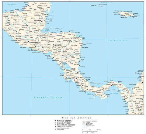 Central America Map with Countries, Cities, Roads and Water Features