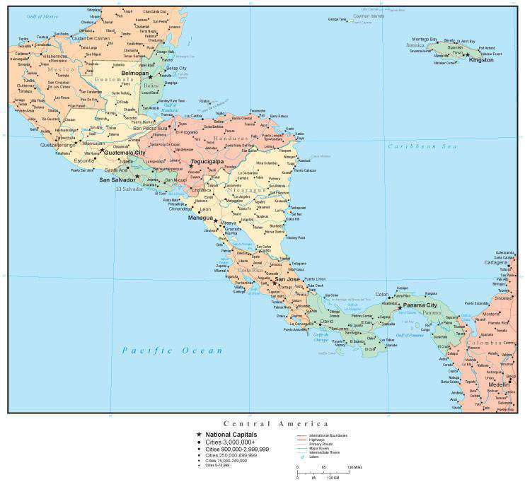 Central America Map with Multi-Color Countries, Cities, and Roads