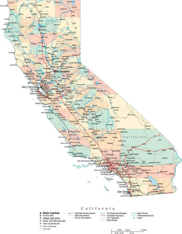 California Digital Vector Map with Counties, Major Cities, Roads ...