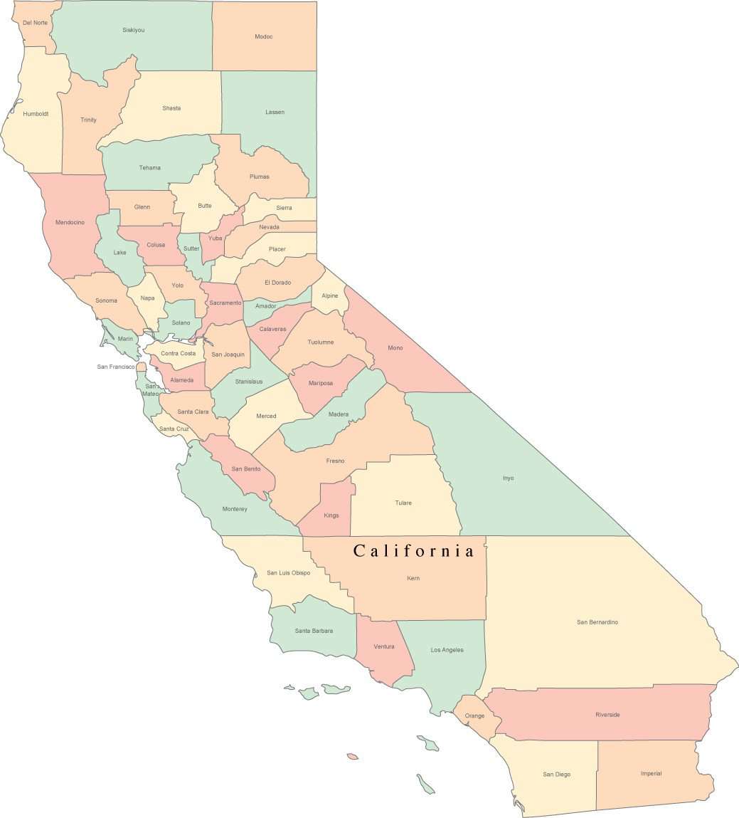 Multi Color California Map With Counties And County Names 1930