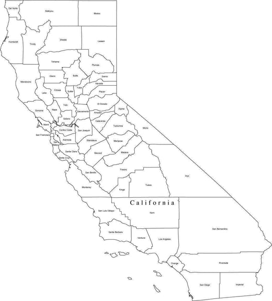 Black & White California Digital Map with Counties – Map Resources