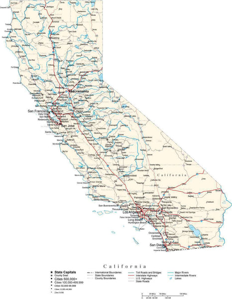 California with Capital, Counties, Cities, Roads, Rivers & Lakes - Map ...