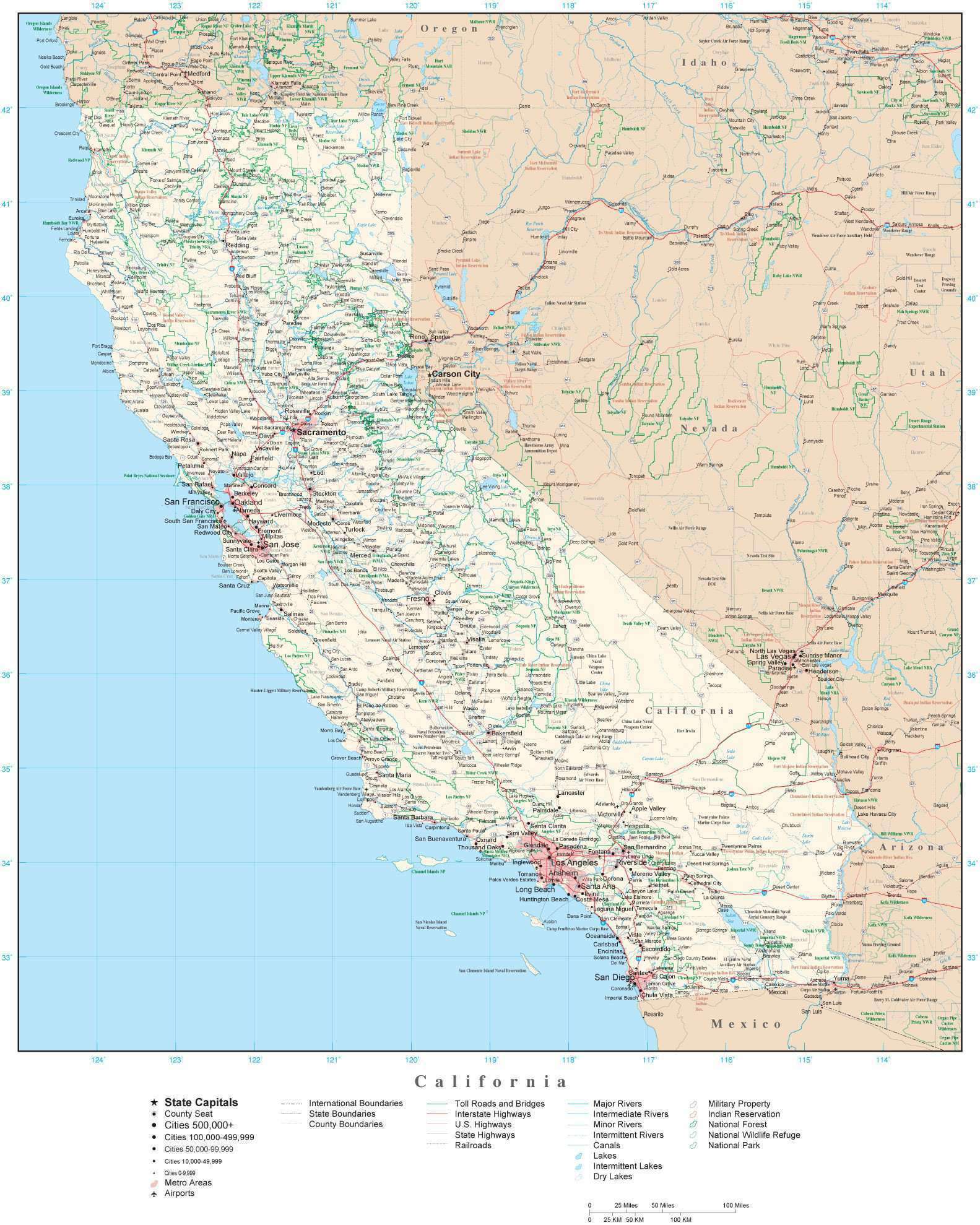 California Detailed Map in Adobe Illustrator vector format. Detailed