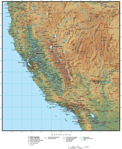 California State Map Plus Terrain with Cities & Roads