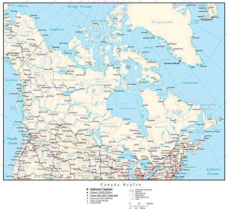 Canada Region Map with Country Boundaries, Canadian Provinces, Major C