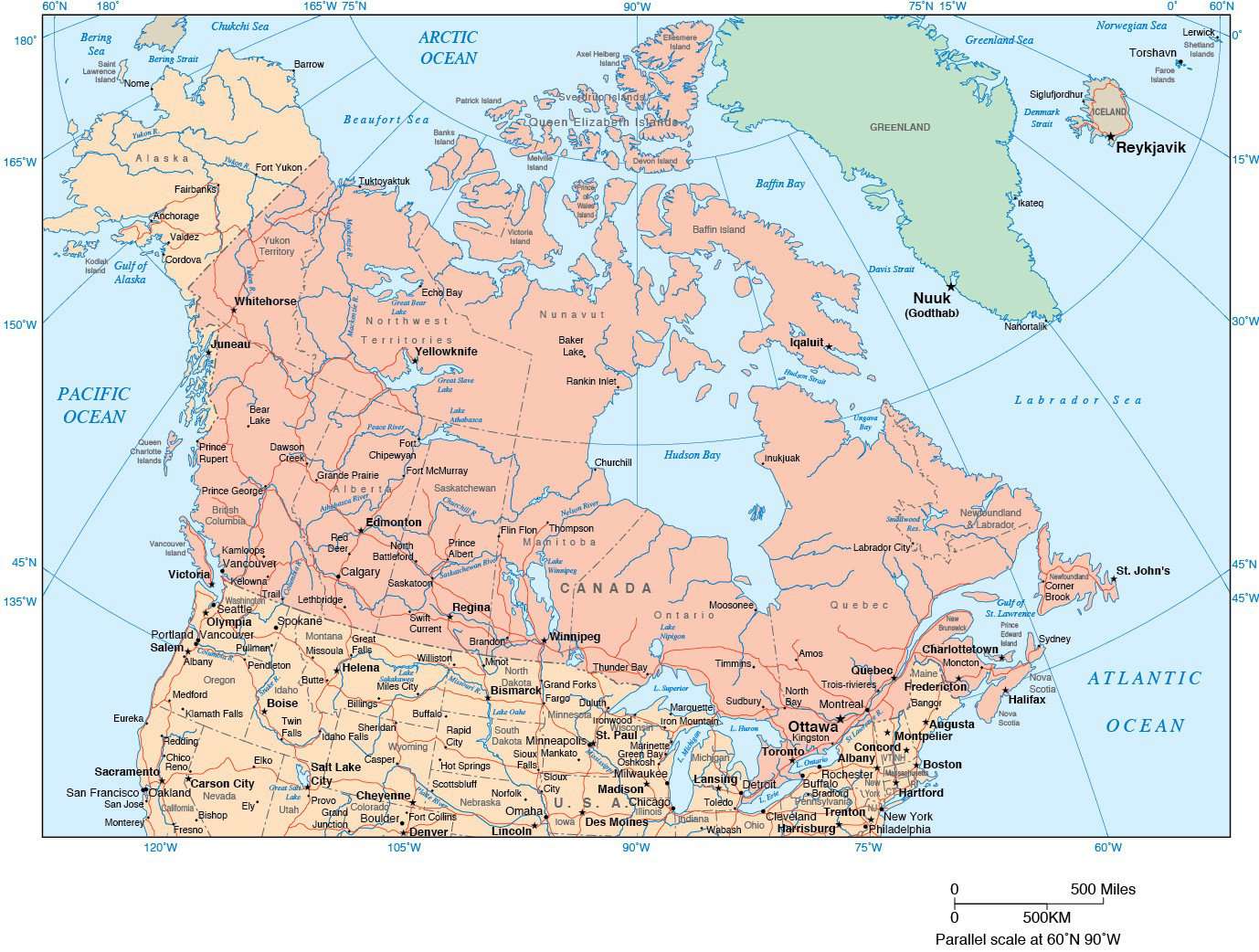 Canadian map with provinces, major cities, rivers, and roads in Adobe