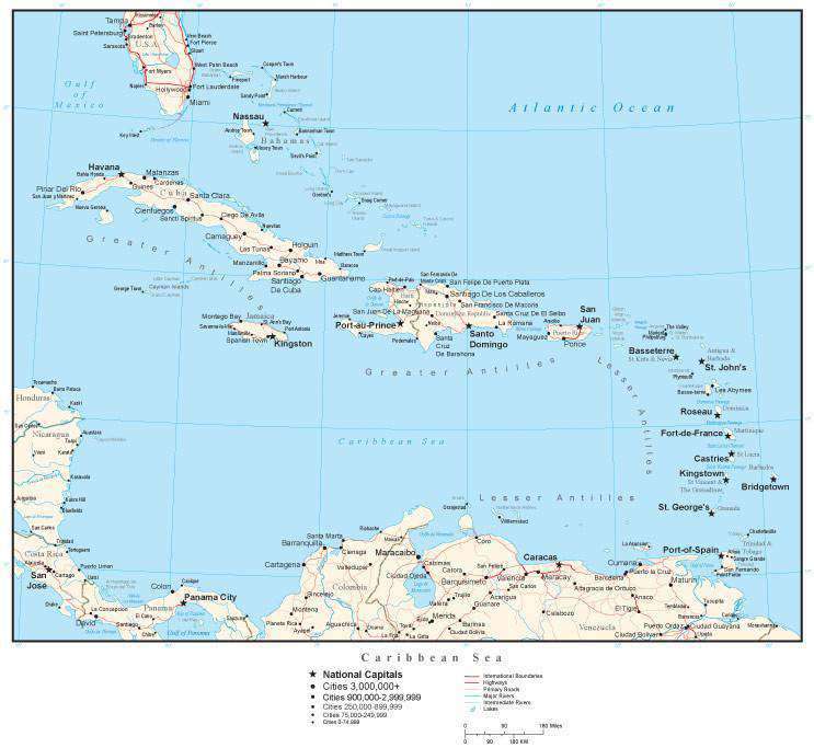 Caribbean Map with Countries, Cities, and Roads