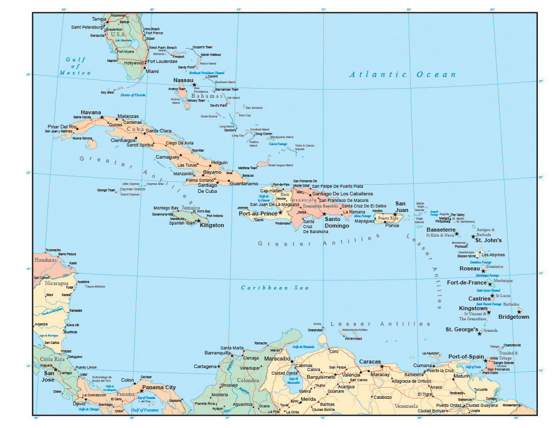 Caribbean Countries And Capitals Map   CARIBB 072839 