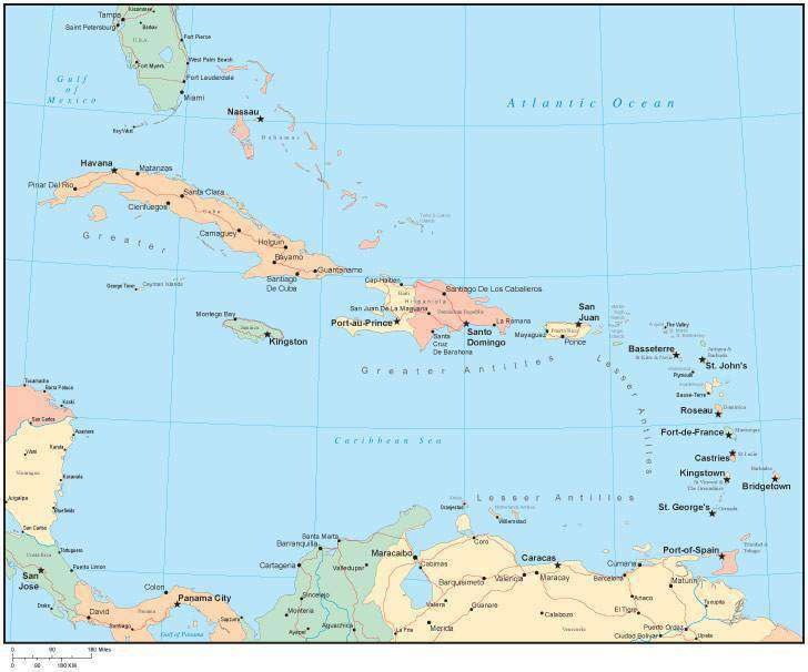 Multi Color Caribbean Sea Map with Countries, Major Cities – Map Resources