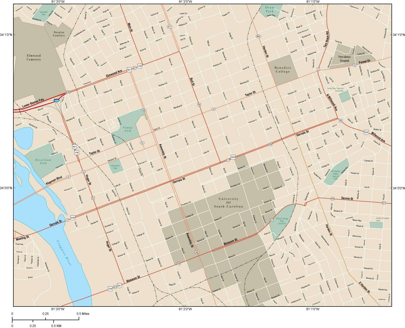 Map Of Downtown Columbia Sc Columbia Map With Local Streets In Adobe Illustrator Vector Format