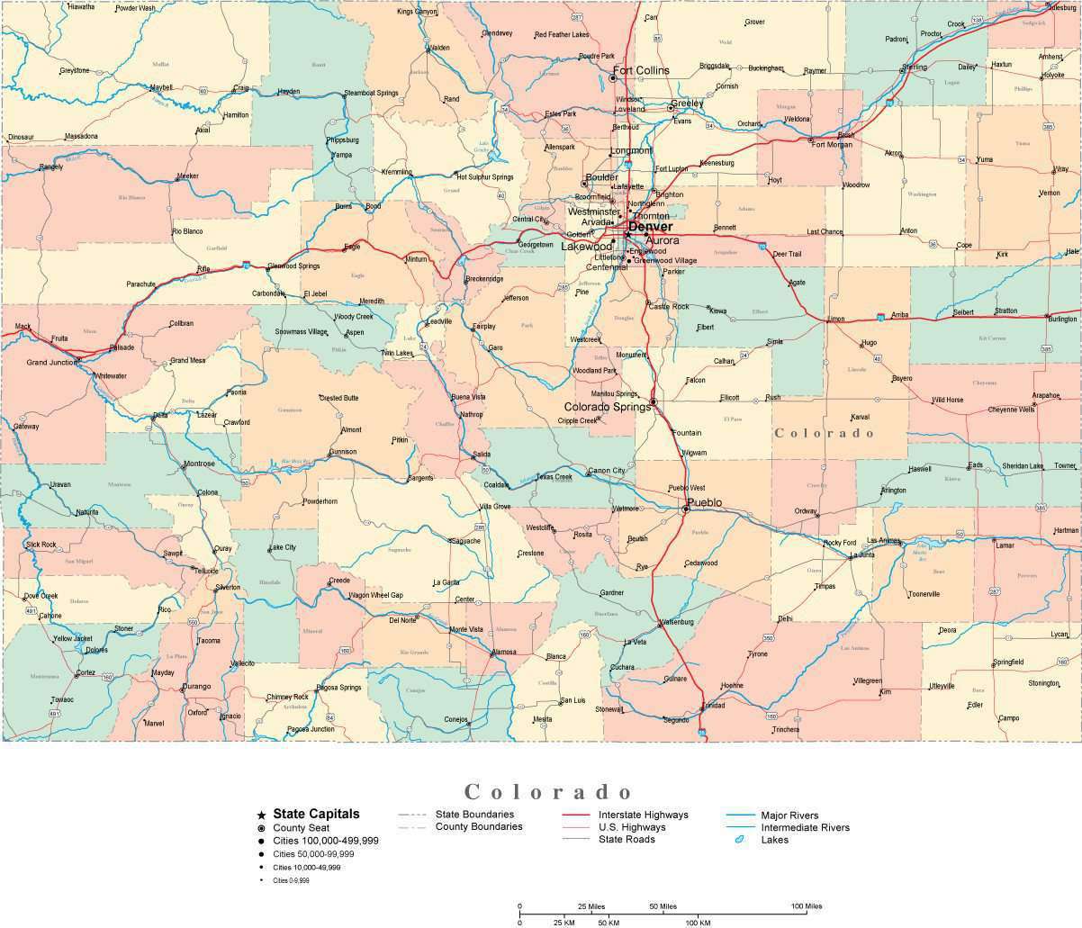 Colorado State Map With Cities Colorado Digital Vector Map With Counties, Major Cities, Roads, Rivers &  Lakes