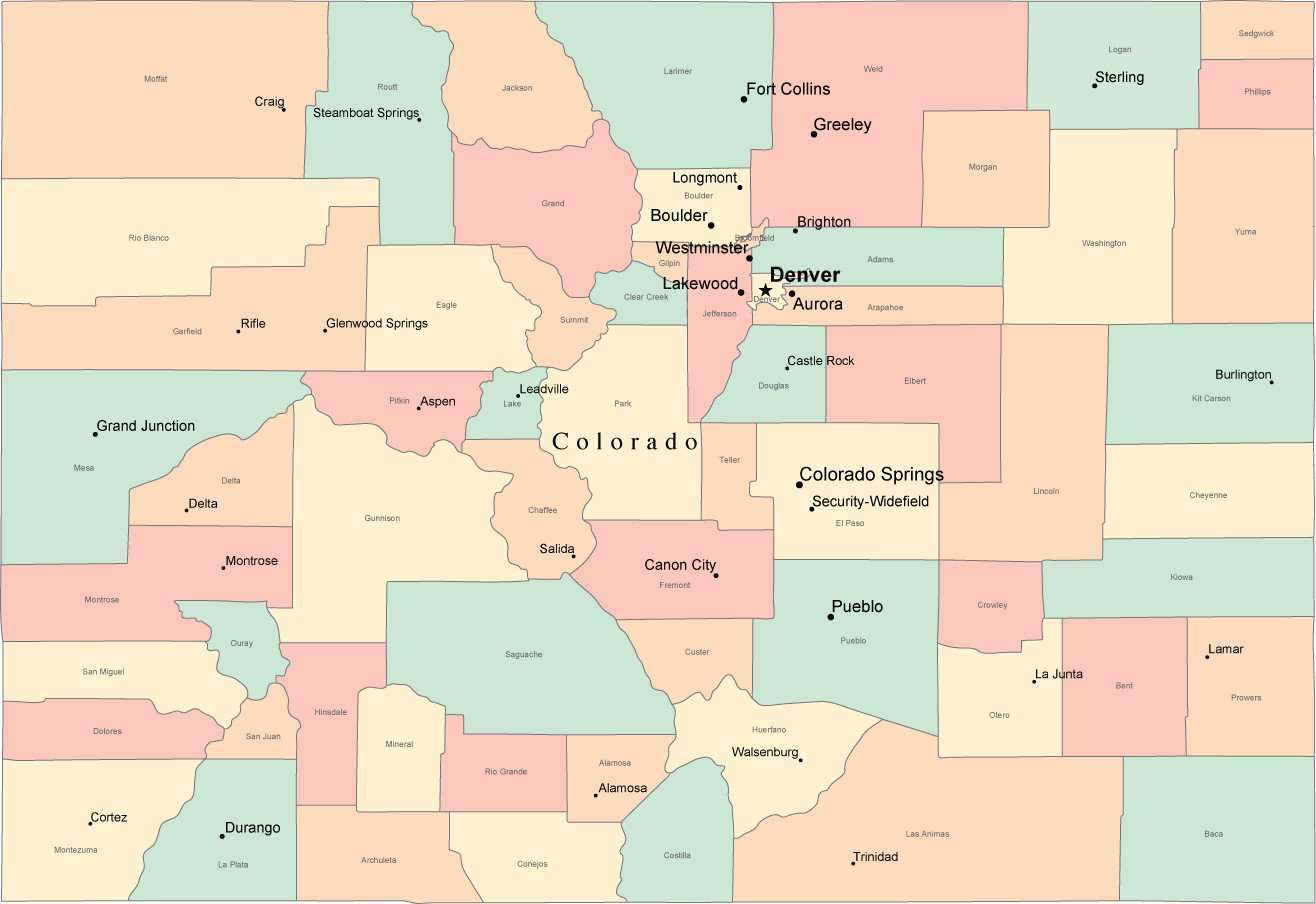 Multi Color Colorado Map With Counties Capitals And Major Cities