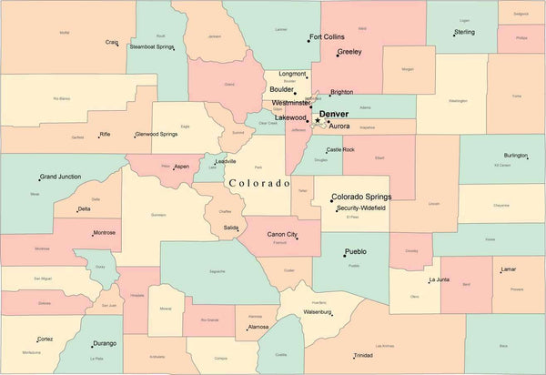 Multi Color Colorado Map With Counties Capitals And Major Cities 6804