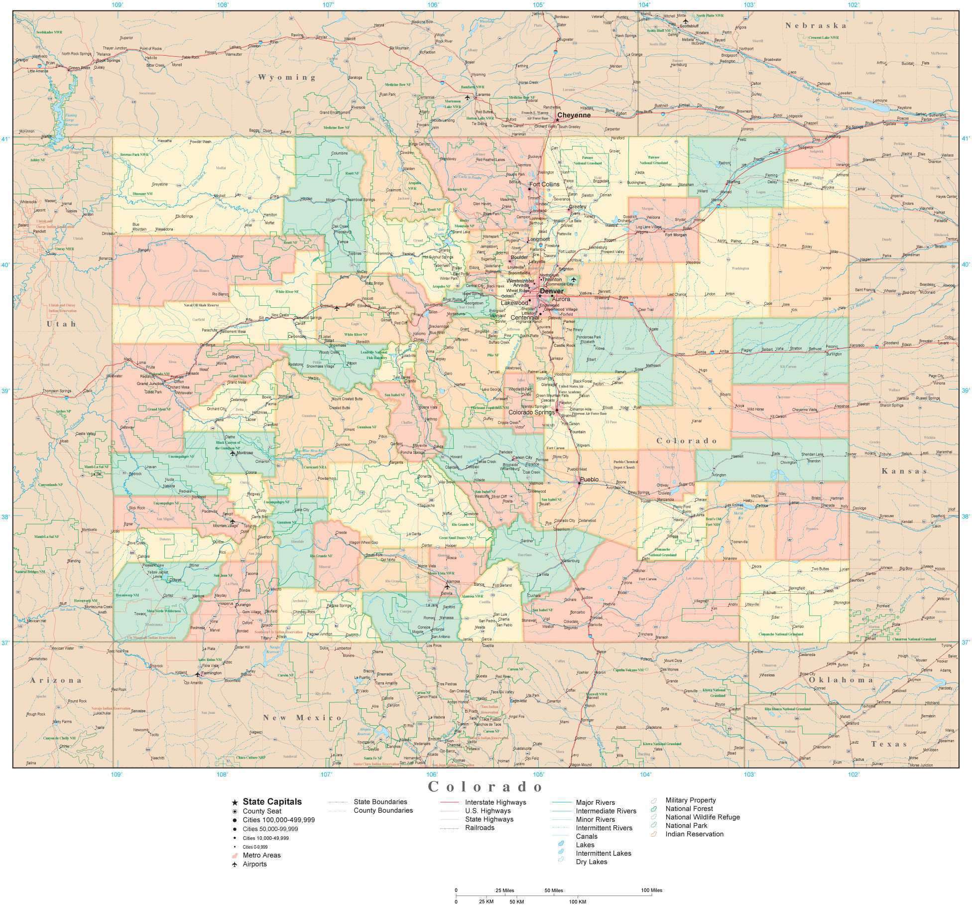 Colorado State Map in Adobe Illustrator Vector Format. Detailed