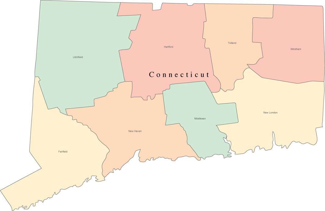 Multi Color Connecticut Map With Counties And County Names 5515