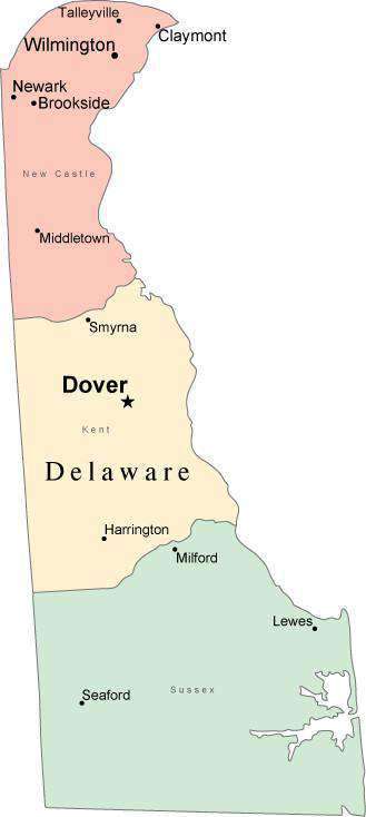 Multi Color Delaware Map With Counties Capitals And Major Cities 5861