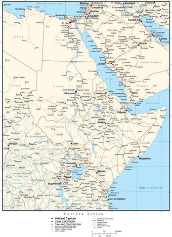 Eastern Africa Map with Countries, Cities, and Roads