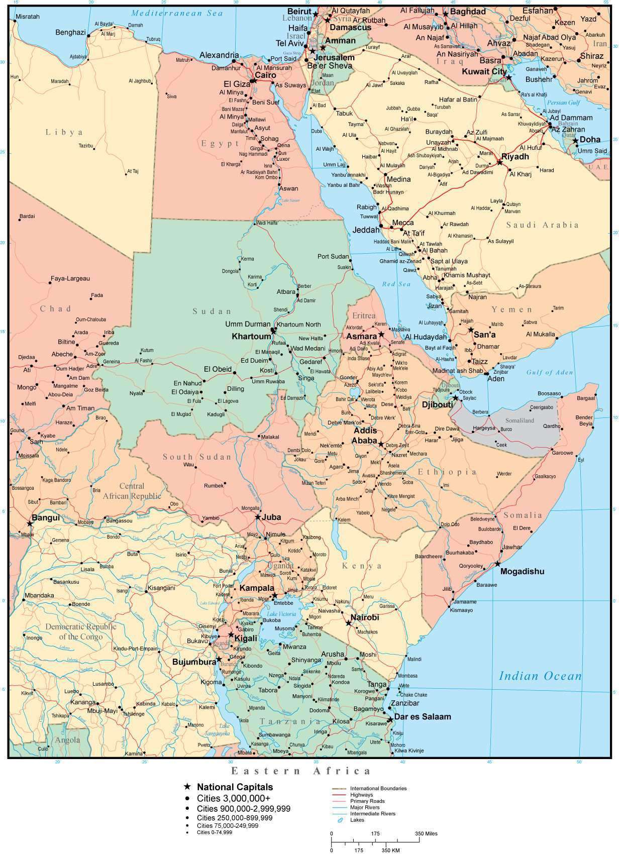 Eastern Africa Map With Countries, Capitals, Cities, Roads And Water