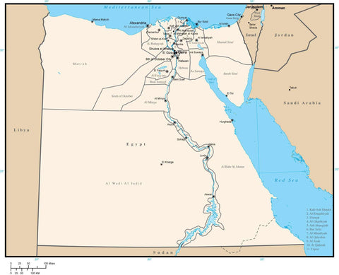 Egypt Map with Admin Areas and Capitals in Adobe Illustrator Format